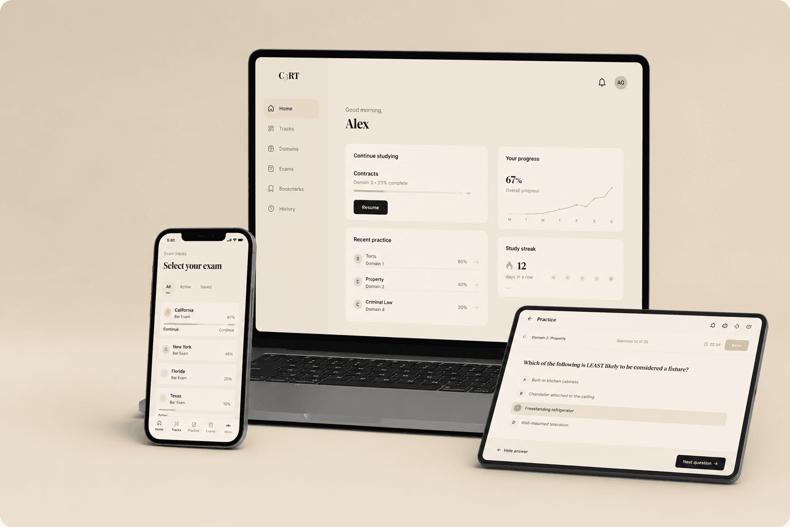 C3RT exam prep app running on iPhone, iPad and Mac
